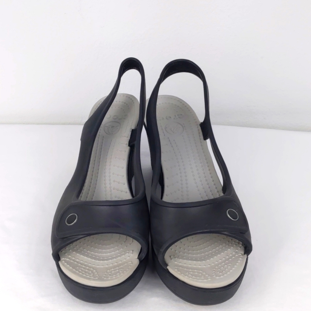 Crocs-Black sling back wedge sandals Size 8